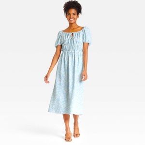 WhoWhatWear Target floral midi smocked dress with puff sleeves in blue and white